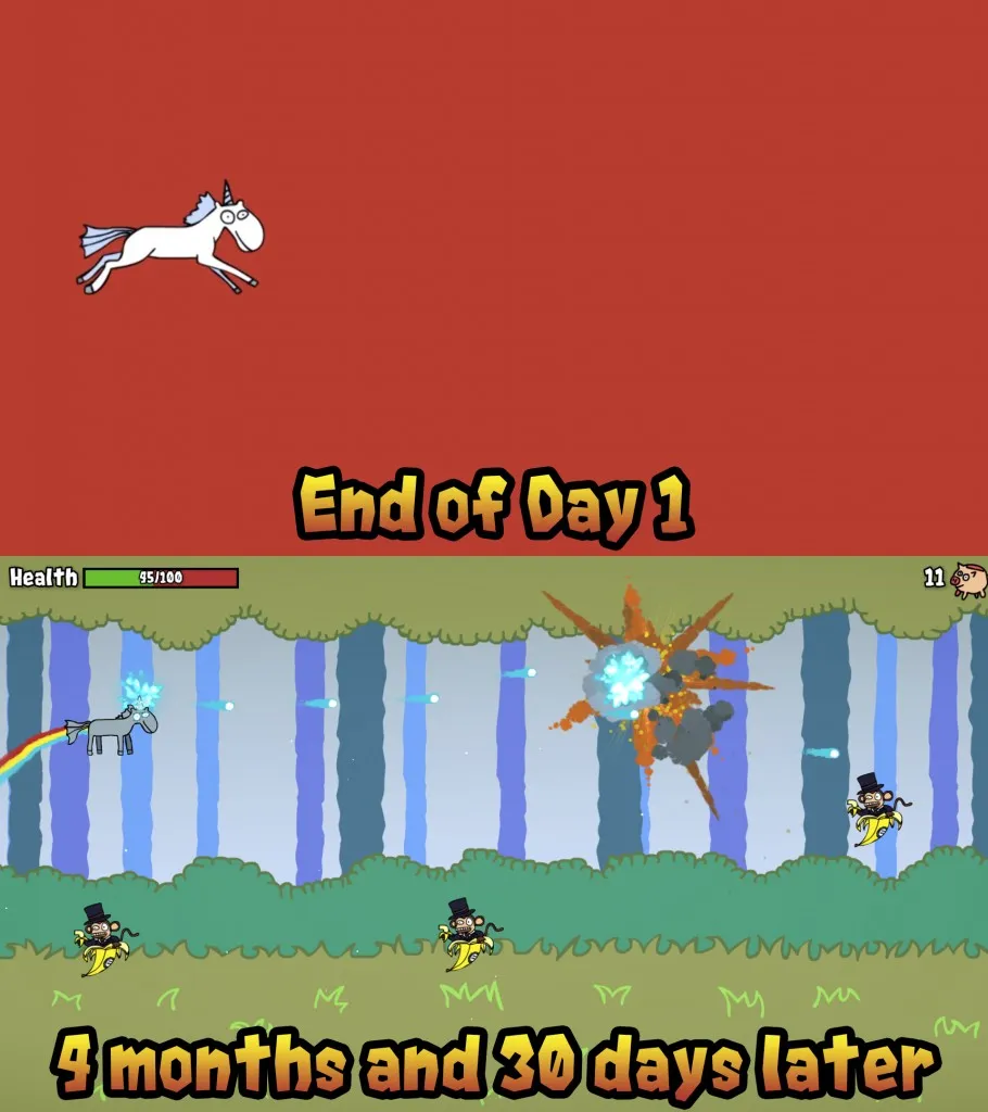 A screenshot comparing the Day 1 prototype with the build as it stands now, 5 months later.